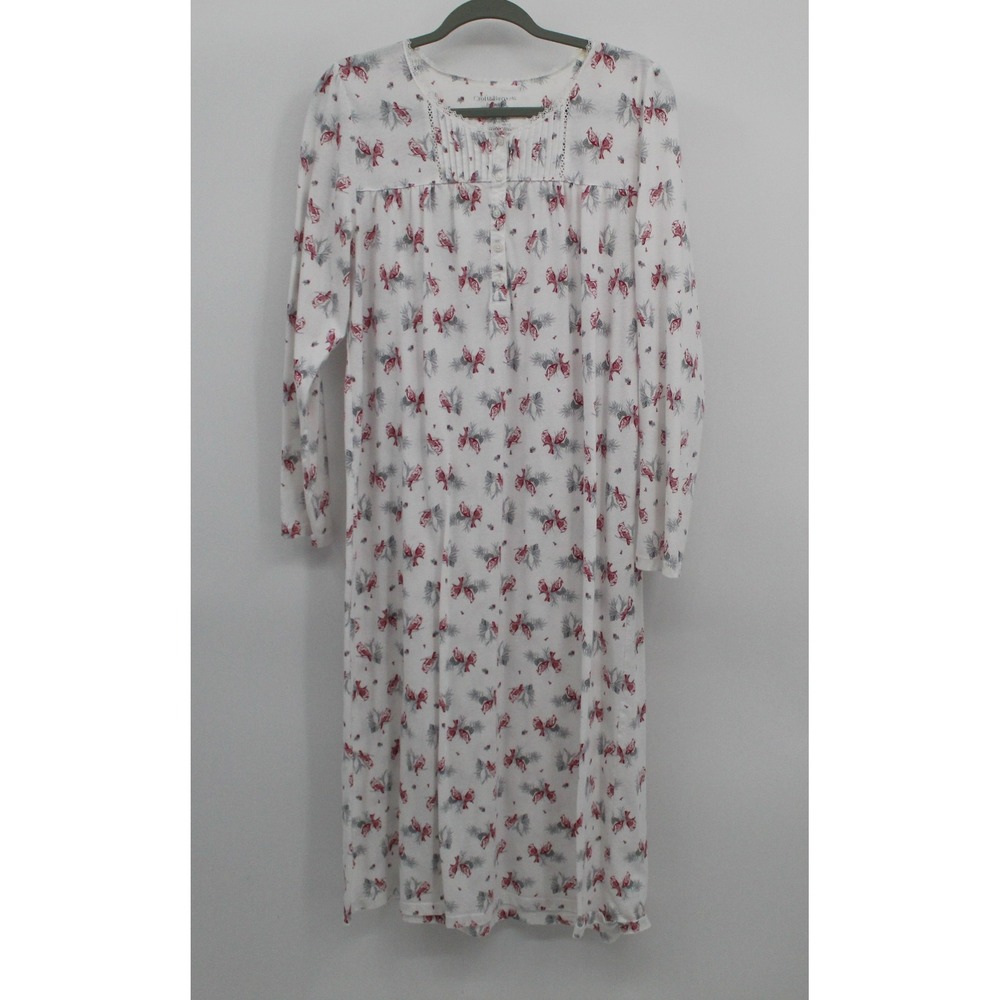 Croft & Barrow Red Cardinal Christmas Nightgown White Long Sleeve Lace Trim L